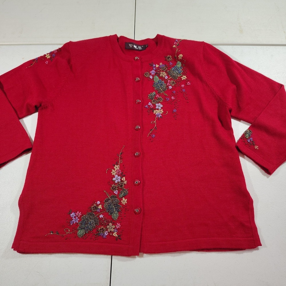 Asian Wool Blend Cardigan Ladies Medium Red Embroidery Beads Vintage Gramma Core